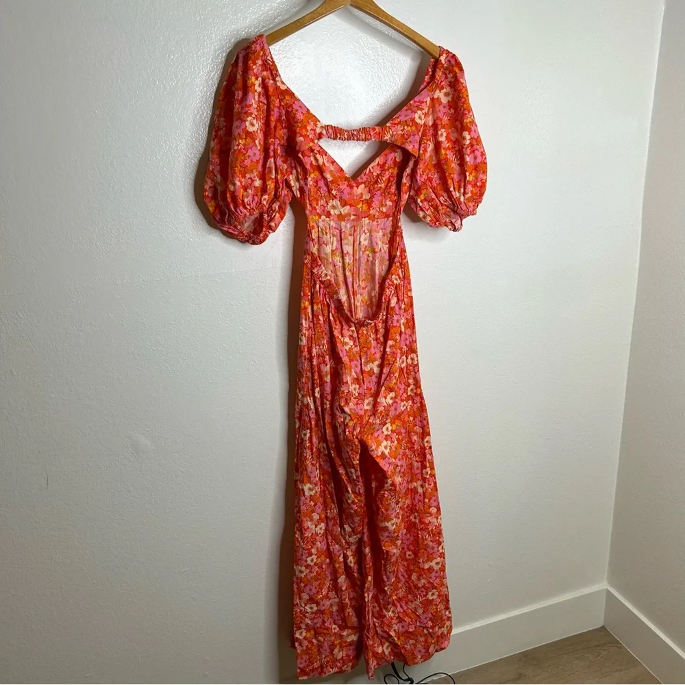 Free People 100% Cotton Bright Pink Puff Sleeve Wide Leg Jumpsuit Size Small